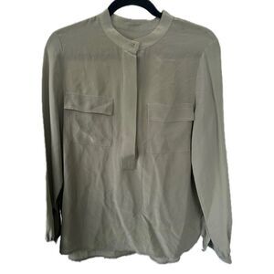 Talbots Petites 100% Silk Olive Green Quarter Button Up Long Sleeve Blouse M